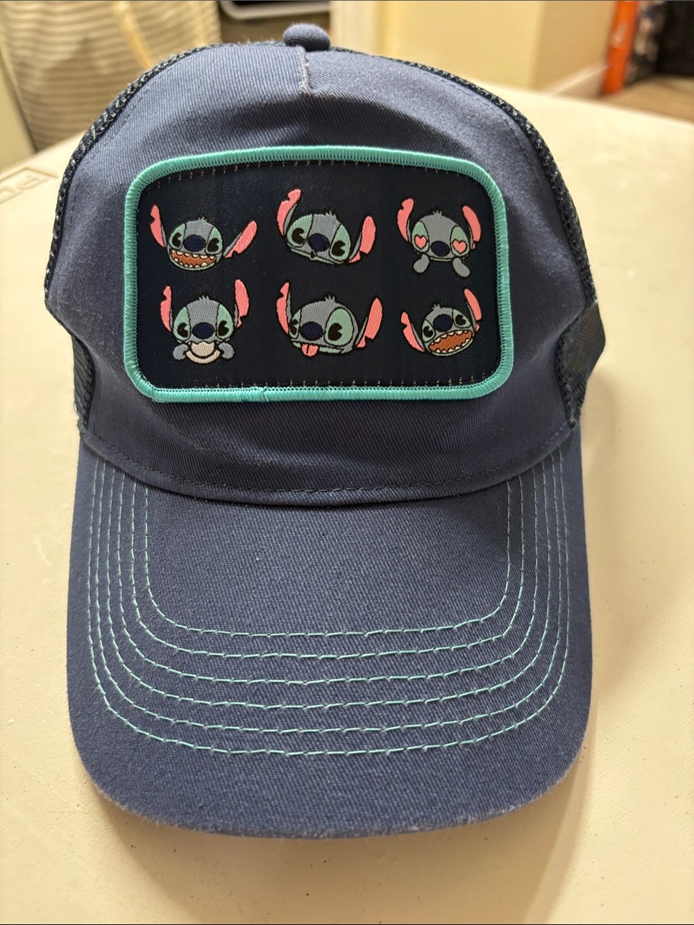 Navy Patch Cap with Cartoon Stitch Faces
